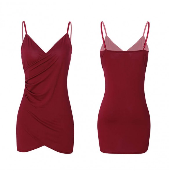 FEE ET MOI - V-Neck Layered Overlap Slip Dress (Plus Size - Burgundy)